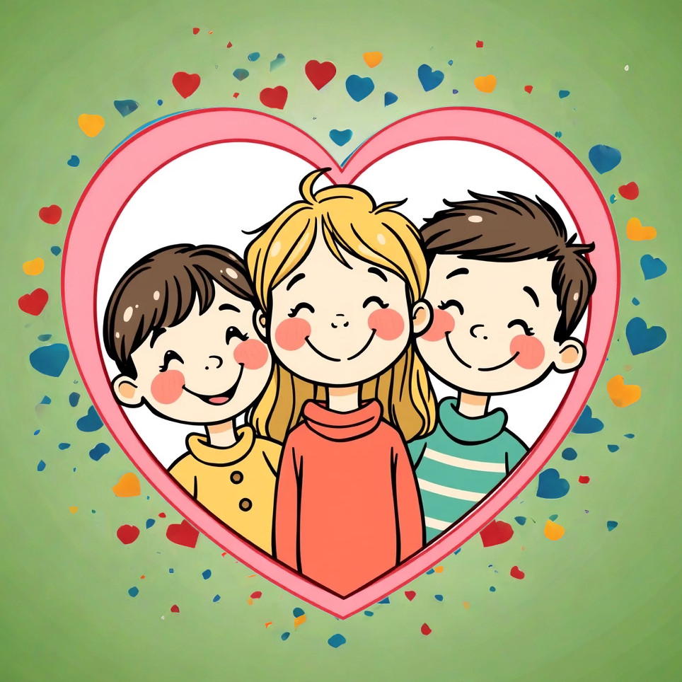 Three cartoon kids smiling inside a heart shape